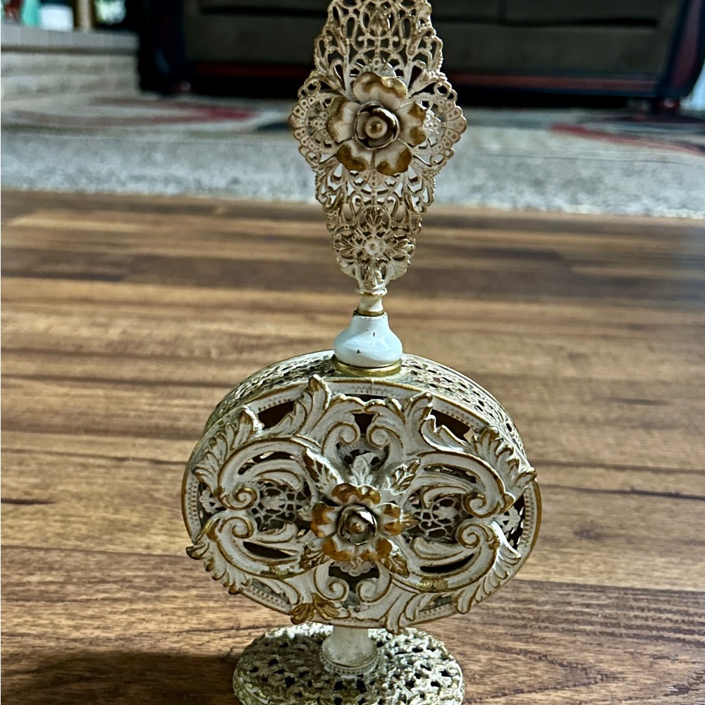 Guildcrest • Antique • White/ Gold Tone Painted Brass • Floral • Perfume Bottle